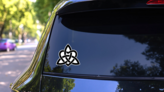 Celtic Knots Trinity With A Heart Sticker on a Rear Car Window (New) example
