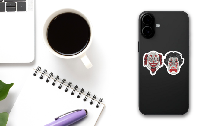 Character Cartoon Two Clown Heads Sticker on a Phone (New) example