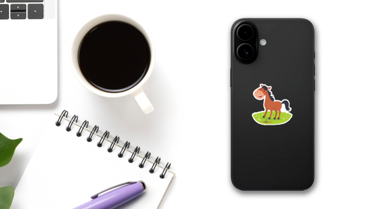 Cheerful Cartoon Horse Sticker on a Phone (New) example