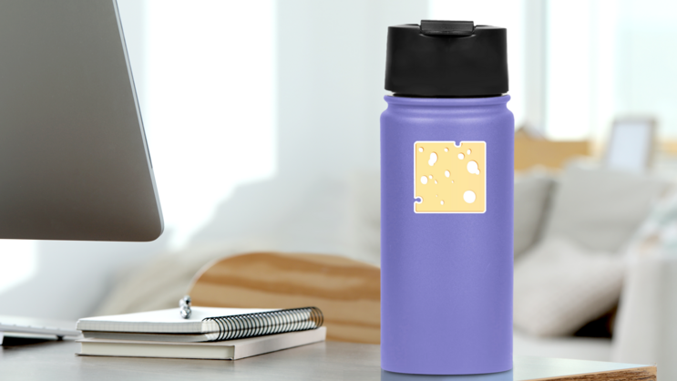 Cheese Slice With Holes In Shape Of A Square Sticker on a Water Bottle (New) example
