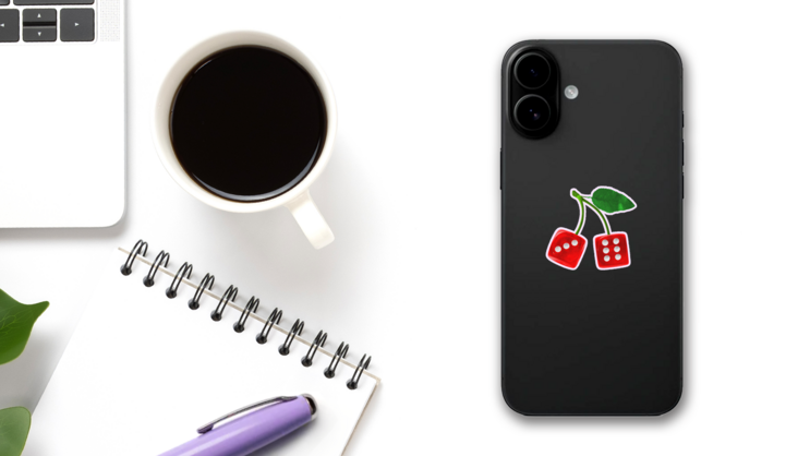 Cherry Dice Lavender Sticker on a Phone (New) example