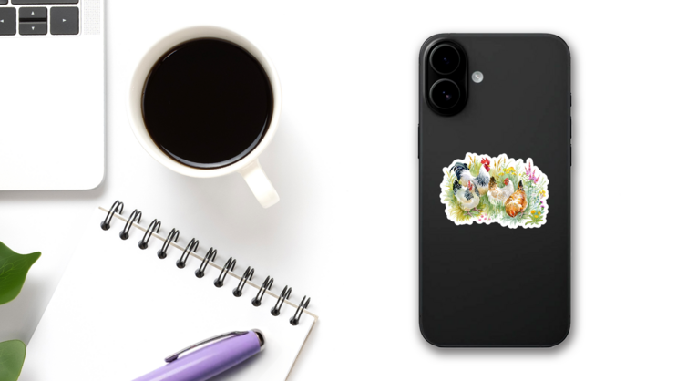 Chicken And Rooster In The Grass Colorful Sticker on a Phone (New) example