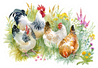 Chicken And Rooster In The Grass Colorful Sticker