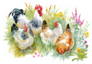 Chicken And Rooster In The Grass Colorful Sticker