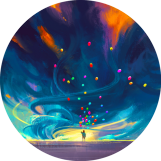 Child Holding Balloons Fantasy Storm Adventure Sticker