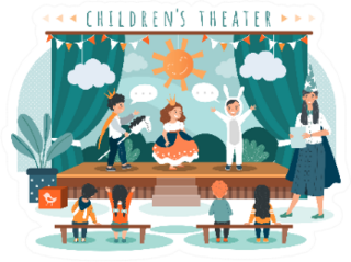 Children Theater Play Kids In Costumes On Stage Illustration Sticker