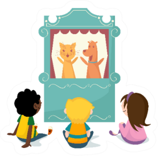 Children Watching Puppet Show Theatre Cartoon Sticker