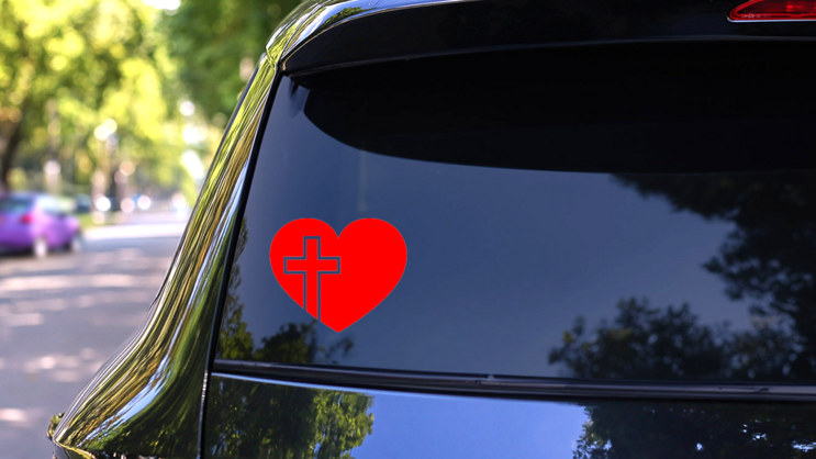 Christian Cross In Heart Transfer Sticker on a Rear Car Window (New) example