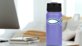 Christian Fish Icon (ichthus) In Blue Sticker on a Water Bottle (New) example