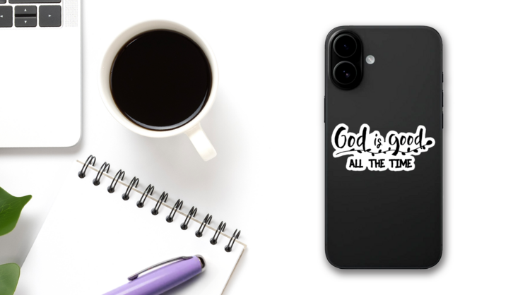 Christian Lettering god Is Good All The Time Sticker on a Phone (New) example