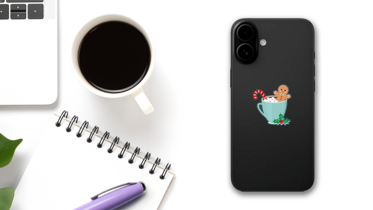 Christmas Funny Gingerbread Man In Cup Of Cocoa Sticker on a Phone (New) example