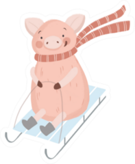 Christmas Pig On A Sled Sticker
