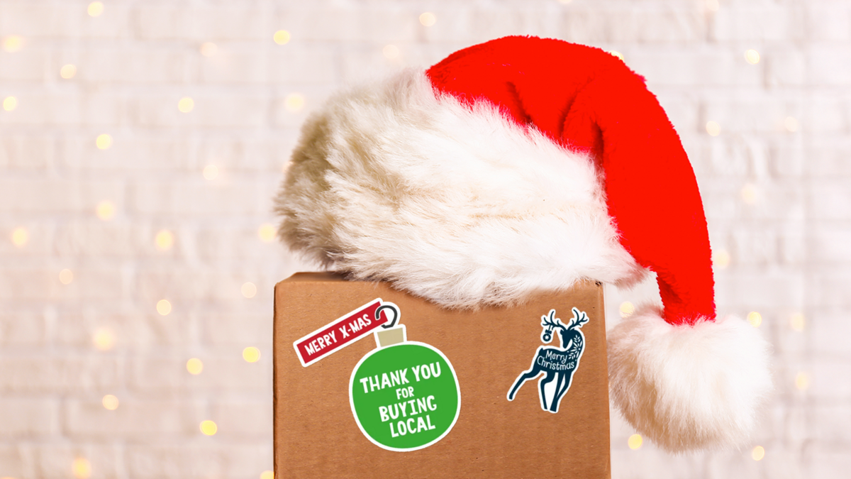 Christmas themed stickers on a package