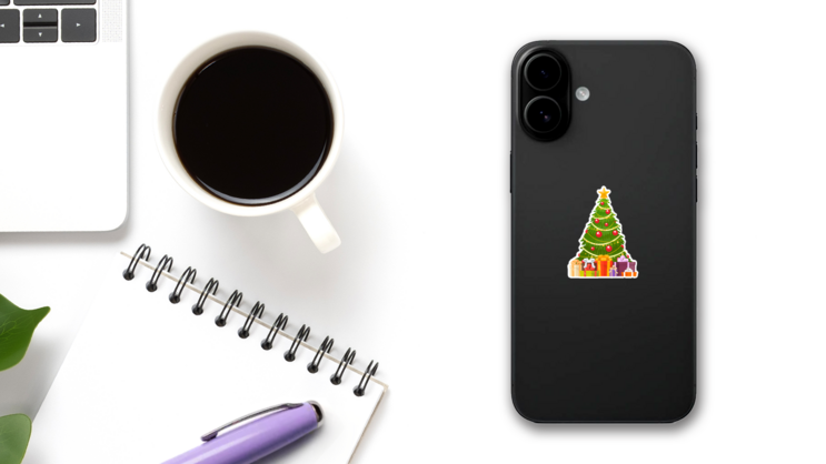Christmas Tree And Holiday Gifts Sticker on a Phone (New) example