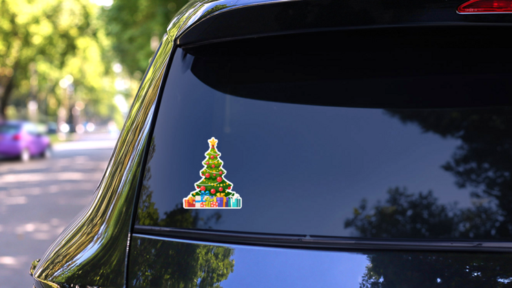 Christmas Tree With Star Decoration Balls And Lights Sticker on a Rear Car Window (New) example
