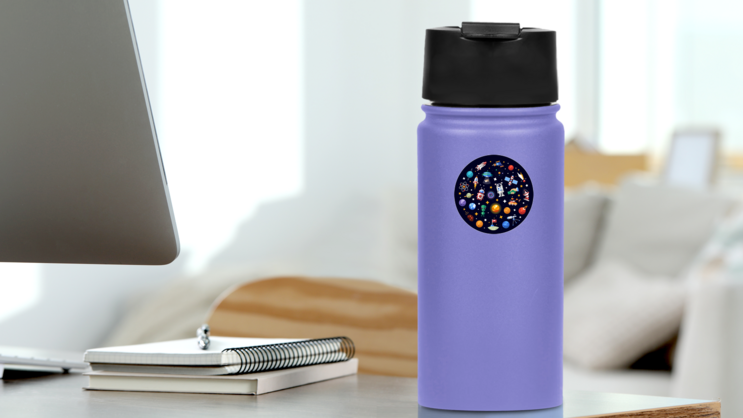 Circle Of Space Icons Sticker on a Water Bottle (New) example