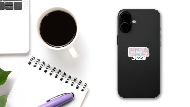Cities In The State Of Kansas Lettering Colorful Sticker on a Phone (New) example