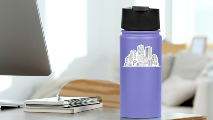 City Graphic Black White Cityscape Skyline Sketch Sticker on a Water Bottle (New) example