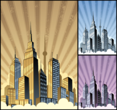 Cityscape Vertical: Cartoon City Skyline In 3 Color Variations Sticker