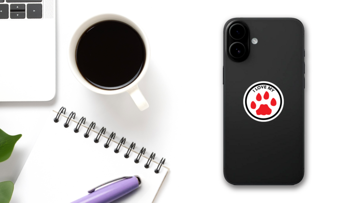 Classic I Love My Pet With Red Paw Circle Sticker on a Phone (New) example