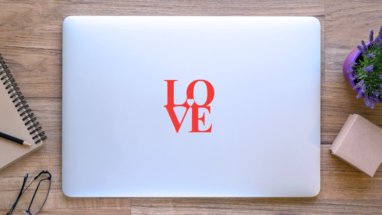 Classic Red Love Text Sticker on a Laptop (New) example
