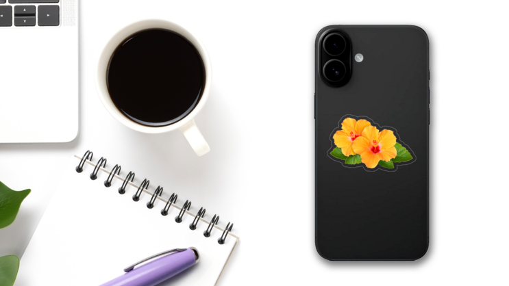 Classic Yellow Hibiscus Flowers Sticker on a Phone (New) example