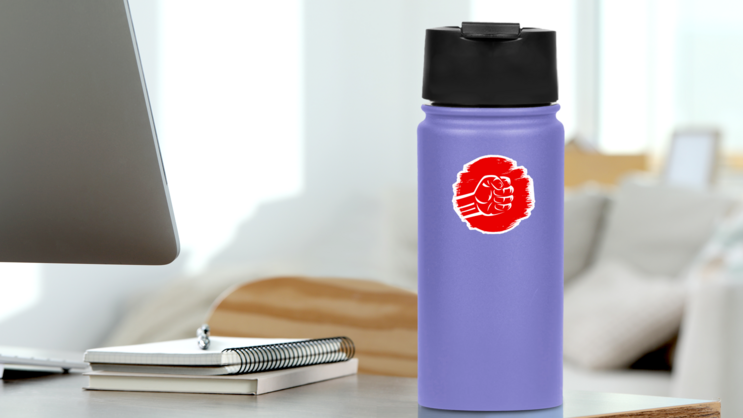 Clenched Fist Illustration On Red Brush Stroke Sticker on a Water Bottle (New) example