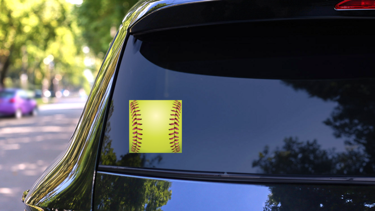 Closeup Of Softball Laces Sticker on a Rear Car Window (New) example