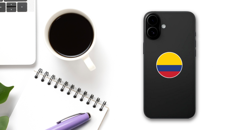 Colombia Round Country Flag Sticker on a Phone (New) example