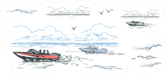 Color Drawing Of Motor Boats Clouds And Gulls Sticker