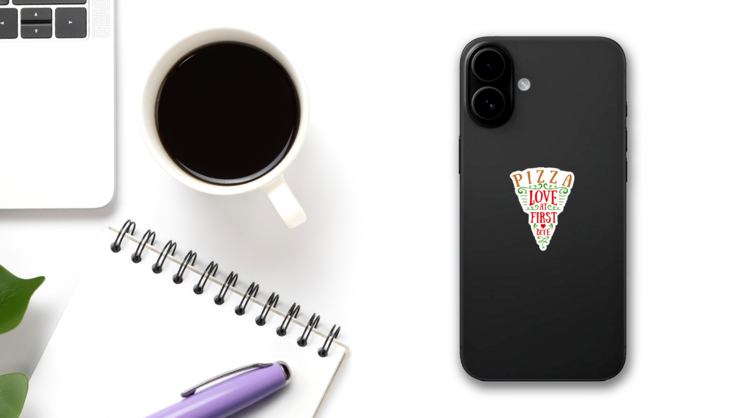 Color Love At First Bite Pizza Slice Sticker on a Phone (New) example