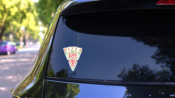 Color Love At First Bite Pizza Slice Sticker on a Rear Car Window (New) example