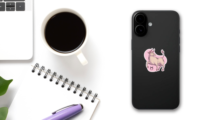 Colored Taurus Zodiac Sign Sketch Bull Pink Sticker on a Phone (New) example