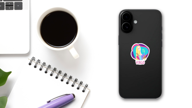 Colorful Cartoon Virgo Zodiac Illustration Sticker on a Phone (New) example