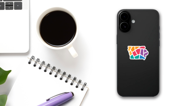 Colorful Geometric Iowa Map Sticker on a Phone (New) example