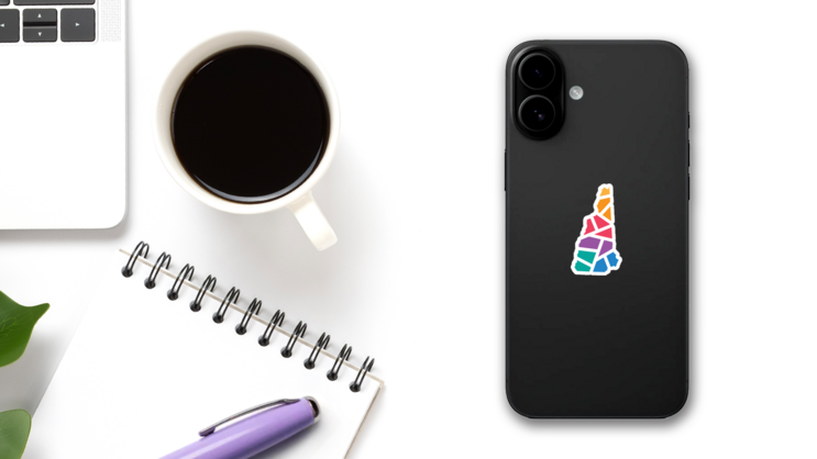 Colorful Geometric New Hampshire Map Sticker on a Phone (New) example