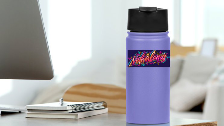 Colorful Netherlands Sticker on a Water Bottle (New) example