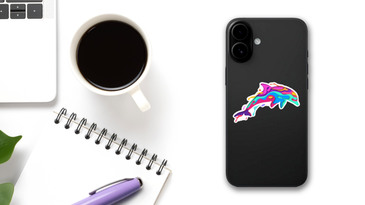 Colorful Paper Cut Dolphin Sticker on a Phone (New) example