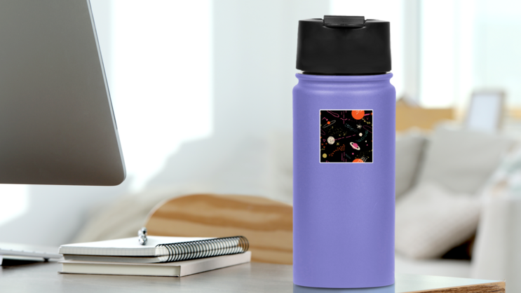 Colorful Pattern Of Space Sticker on a Water Bottle (New) example