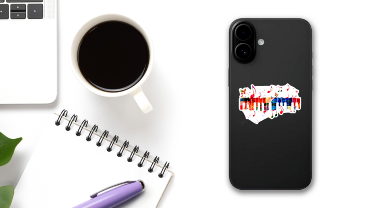 Colorful Piano Keys Silhouette Sticker on a Phone (New) example