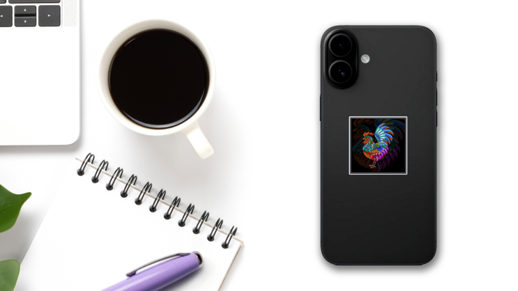 Colorful Rooster Animal Mandala Sticker on a Phone (New) example