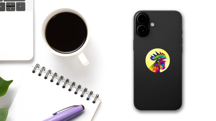 Colorful Rooster Chicken Head On Pop Art Sticker on a Phone (New) example