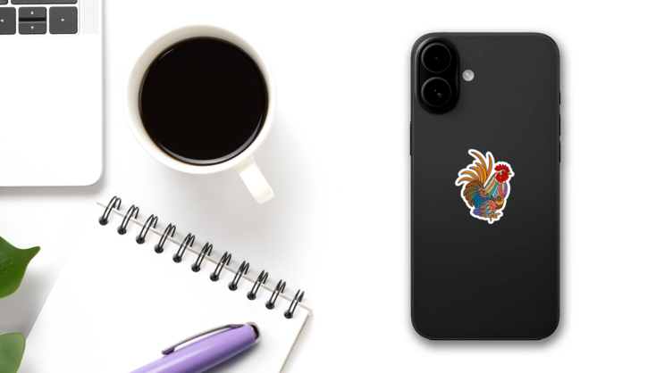 Colorful Rooster Mandala Arts Sticker on a Phone (New) example