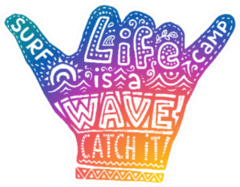 Colorful Surf Shaka Hand Symbol With Lettering Sticker
