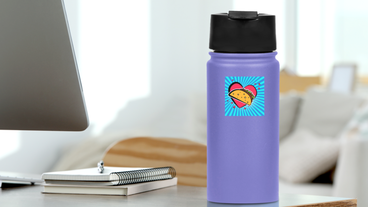 Comic Style Taco Love Sticker on a Water Bottle (New) example