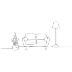 Continuous One Line Drawing Of Sofa With Lamp Lampshade And Home Plant