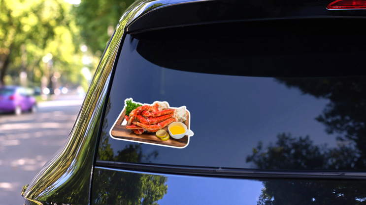 Cooked Organic Alaskan King Crab Legs On Wooden plate Sticker on a Rear Car Window (New) example