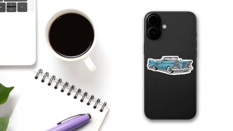 Cool Blue Retro Car Sticker on a Phone (New) example