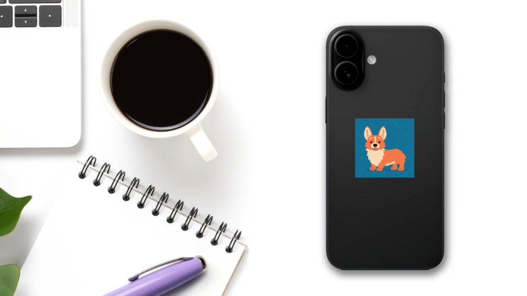Corgi Standing And Smiling Blue Sticker on a Phone (New) example
