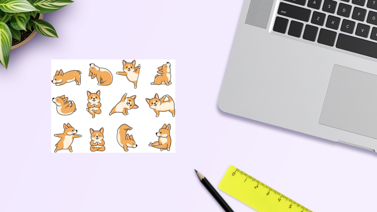 Corgi Yoga Sticker Sheet on a Desk (New) example